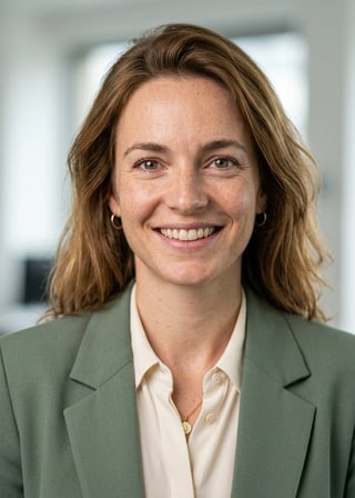 Professional AI LinkedIn headshot in Sage blazer and blouse on Office / Modern Office Workspace