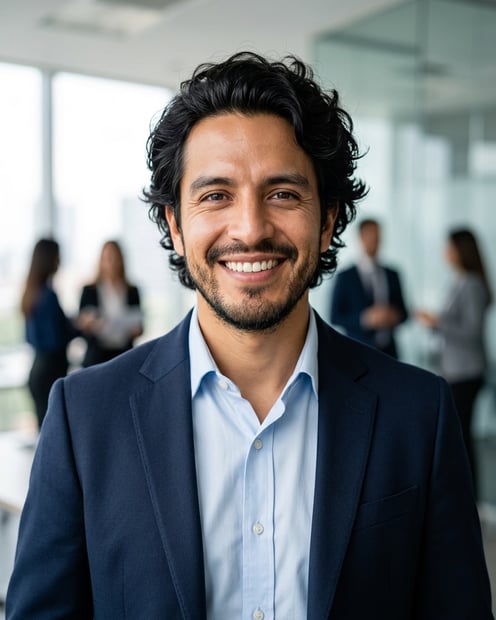 Office / Modern Office Workspace · Navy blazer with light blue shirt headshot example