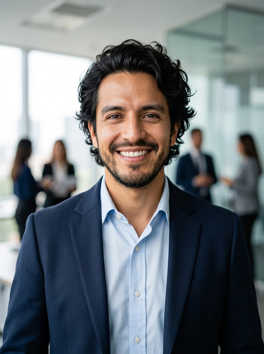 Professional AI LinkedIn headshot in Navy blazer with light blue shirt on Office / Modern Office Workspace