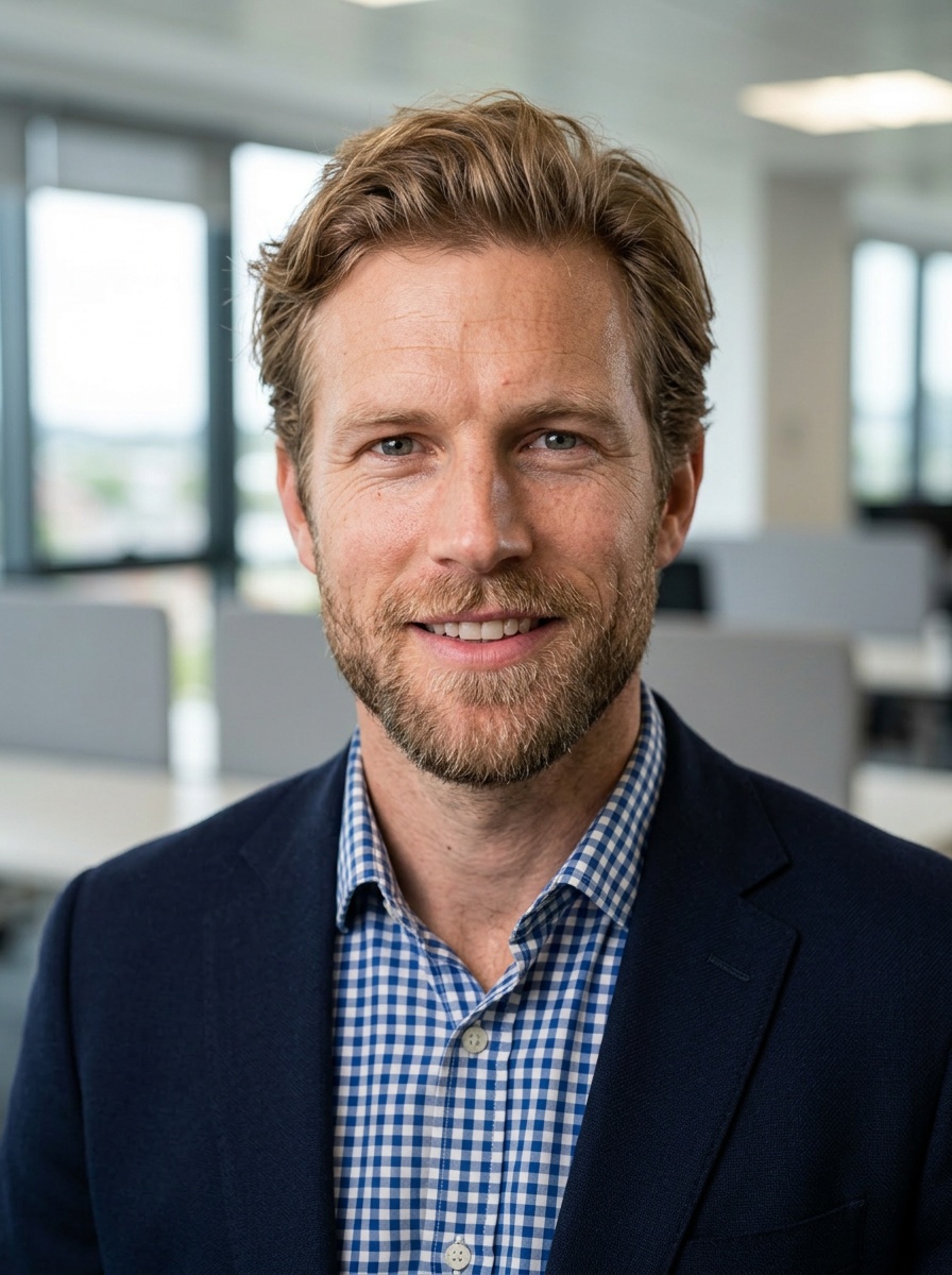 Professional AI LinkedIn headshot in Blue and white checked button-up on Office / Modern Office Workspace