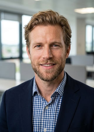 Professional AI LinkedIn headshot in Blue and white checked button-up on Office / Modern Office Workspace