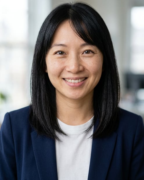 Office / Modern Office Workspace · Open navy blazer over simple white tee headshot example