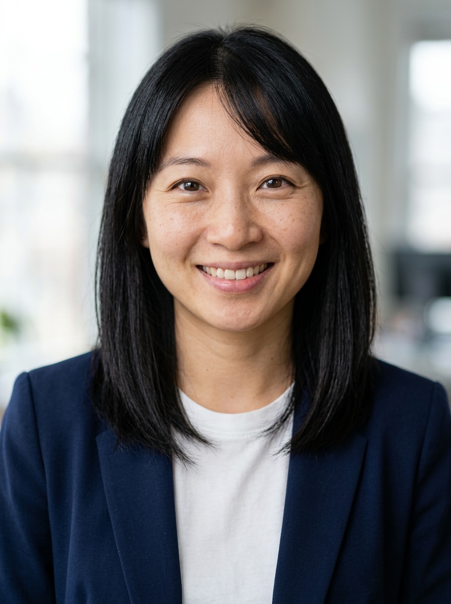 Professional AI LinkedIn headshot in Open navy blazer over simple white tee (tech-casual) on Office / Modern Office Workspace