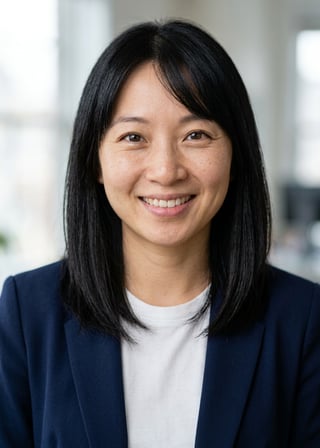 Professional AI LinkedIn headshot in Open navy blazer over simple white tee (tech-casual) on Office / Modern Office Workspace