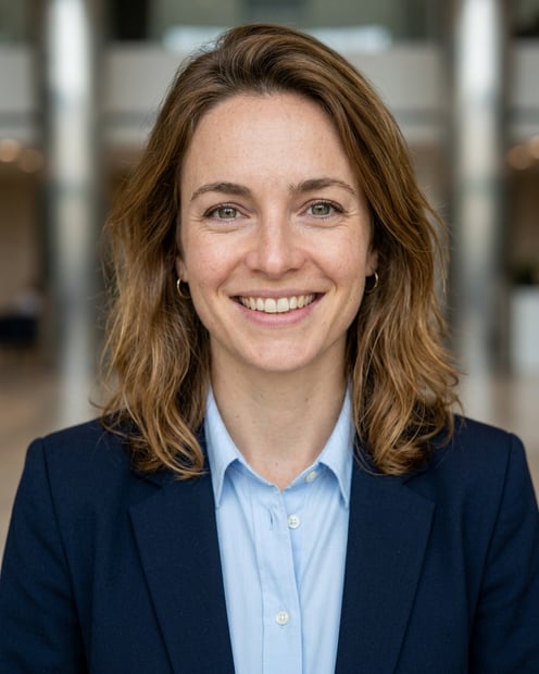 Lobby · Navy blazer with light blue shirt headshot example