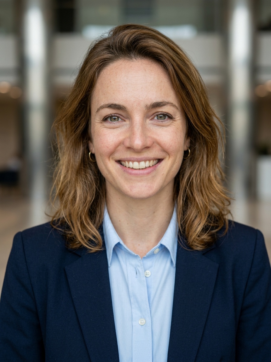 Professional AI LinkedIn headshot in Navy blazer with light blue shirt on Lobby (corporate lobby)