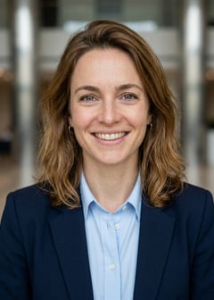 Professional AI LinkedIn headshot in Navy blazer with light blue shirt on Lobby (corporate lobby)