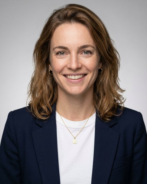 Neutral Gradient / Light Grey · Open navy blazer over simple white tee headshot example