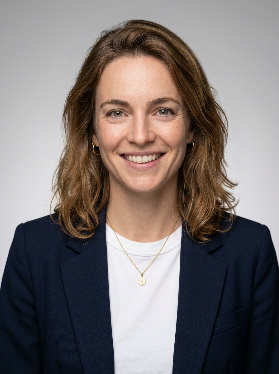 Professional AI LinkedIn headshot in Open navy blazer over simple white tee (tech-casual) on Neutral Gradient / Light Grey