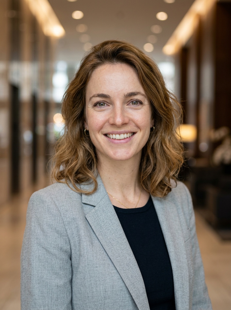 Professional AI LinkedIn headshot in Light gray blazer on Lobby (corporate lobby)