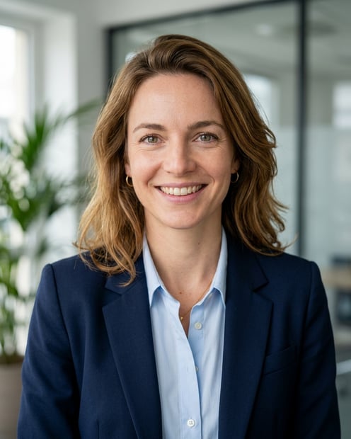 Office / Modern Office Workspace · Navy blazer with light blue shirt headshot example