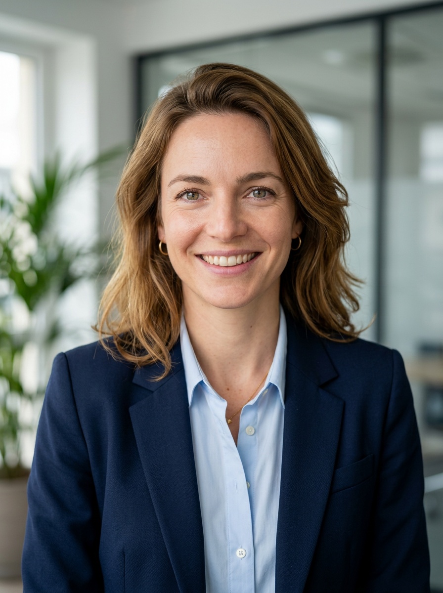 Professional AI LinkedIn headshot in Navy blazer with light blue shirt on Office / Modern Office Workspace
