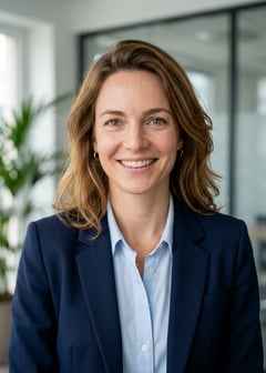 Professional AI LinkedIn headshot in Navy blazer with light blue shirt on Office / Modern Office Workspace
