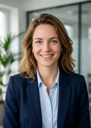Professional AI LinkedIn headshot in Navy blazer with light blue shirt on Office / Modern Office Workspace
