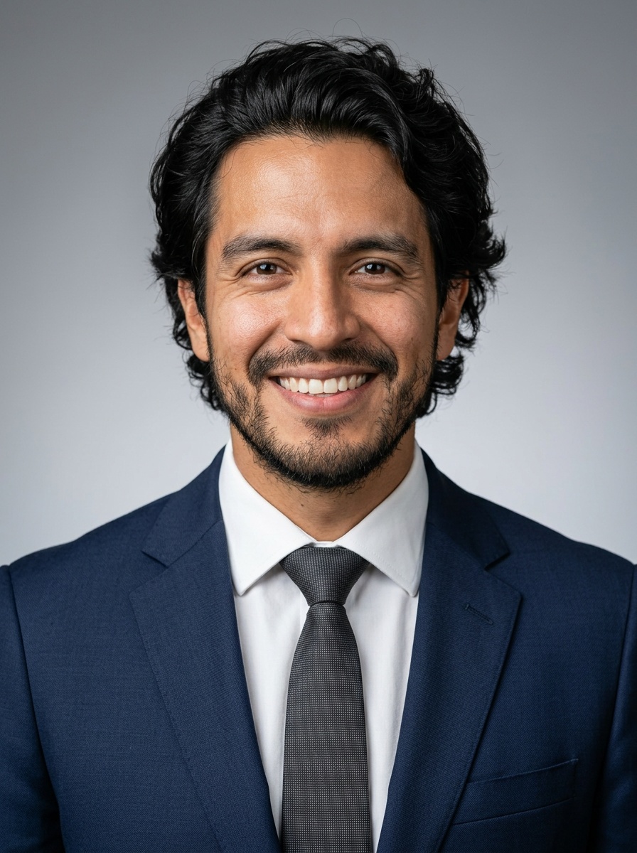 Professional AI LinkedIn headshot in Navy tailored suit on Neutral Gradient / Light Grey