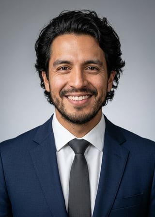 Professional AI LinkedIn headshot in Navy tailored suit on Neutral Gradient / Light Grey