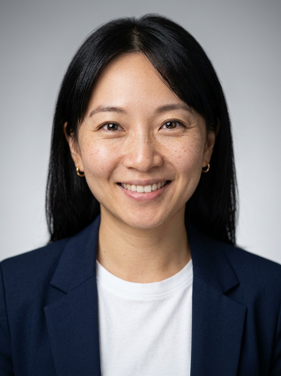 Professional AI LinkedIn headshot in Open navy blazer over simple white tee (tech-casual) on Neutral Gradient / Light Grey