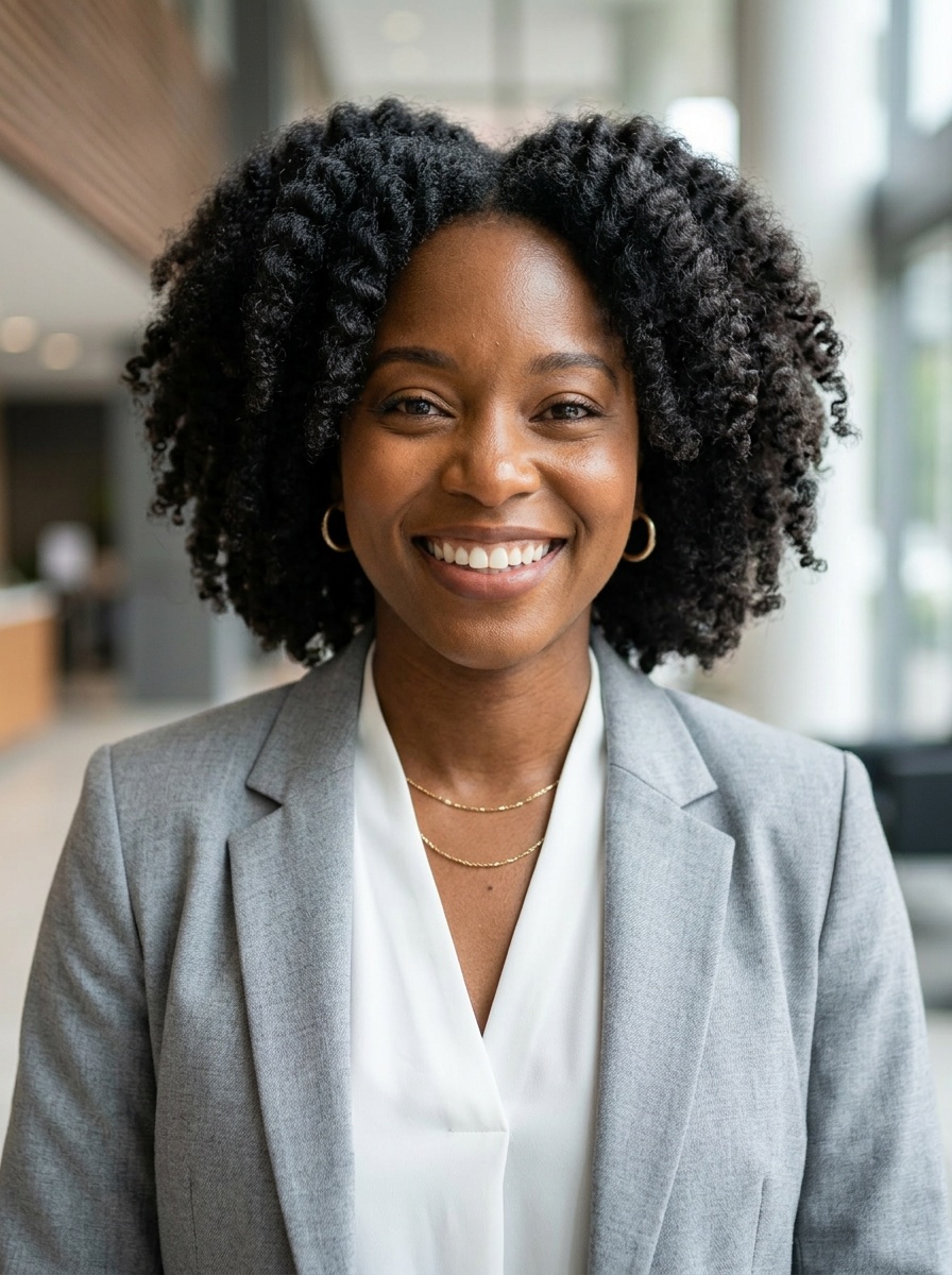 Professional AI LinkedIn headshot in Light gray blazer on Lobby (corporate lobby)