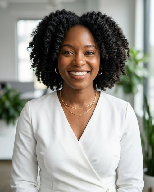 Office / Modern Office Workspace · White wrap dress headshot example