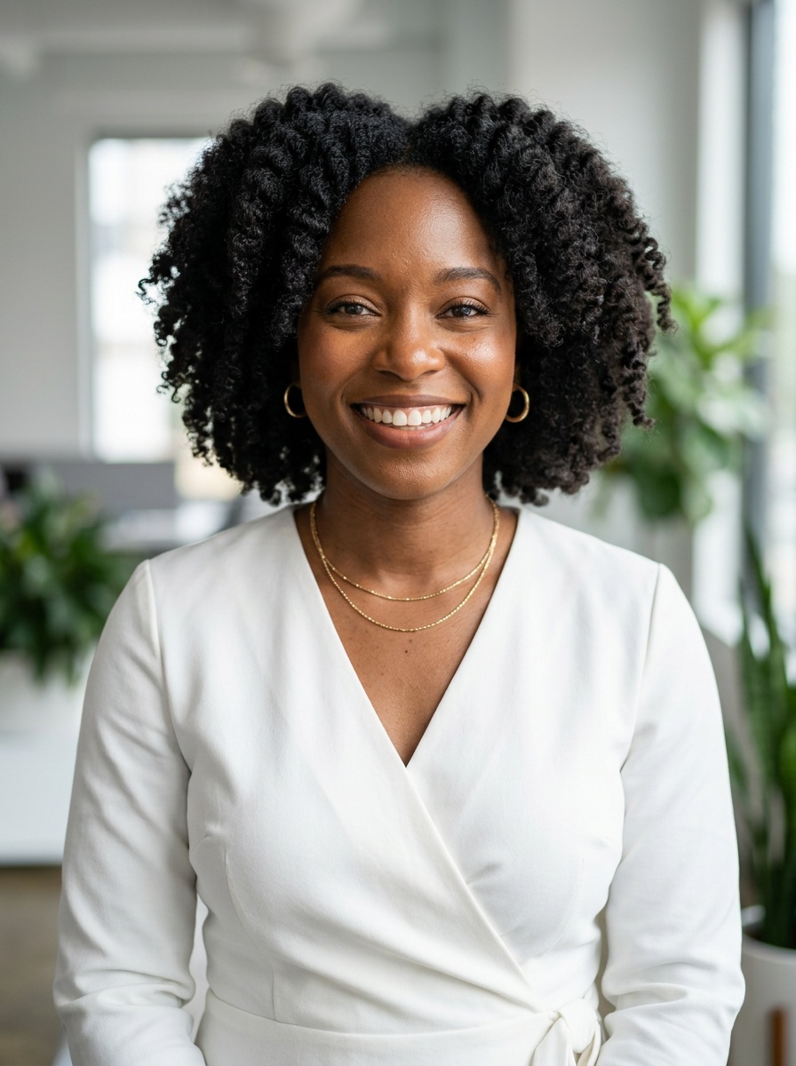 Professional AI LinkedIn headshot in White wrap dress on Office / Modern Office Workspace