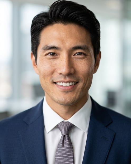 Office / Modern Office Workspace · Dark blue tailored suit headshot example