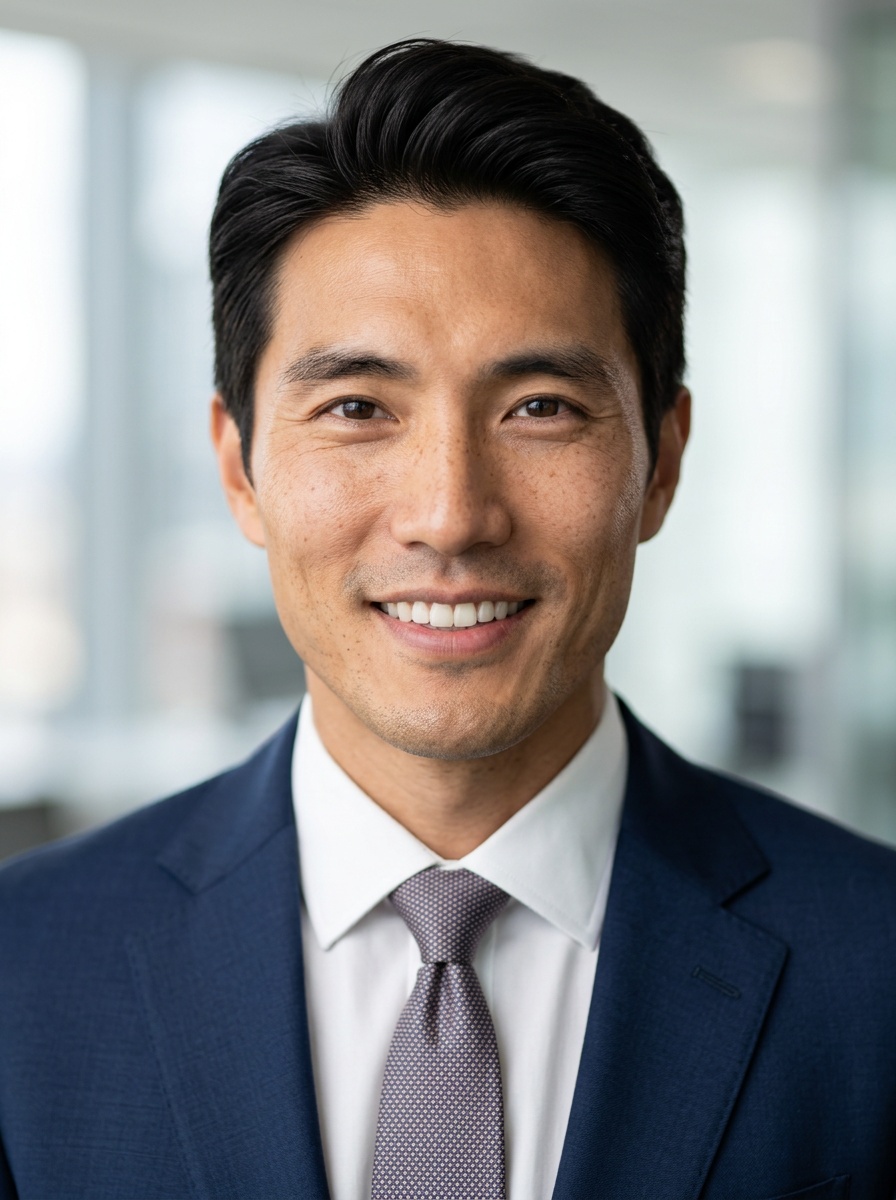 Professional AI LinkedIn headshot in Dark blue tailored suit on Office / Modern Office Workspace