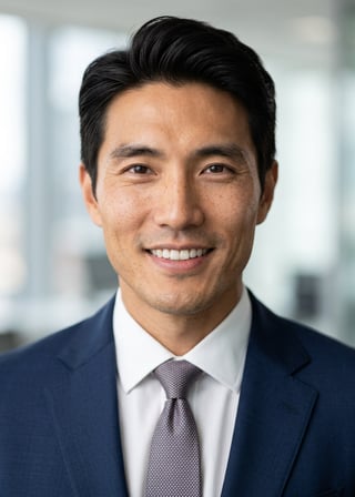 Professional AI LinkedIn headshot in Dark blue tailored suit on Office / Modern Office Workspace