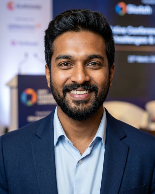 Public Speaking Stage · Navy blazer with light blue shirt headshot example