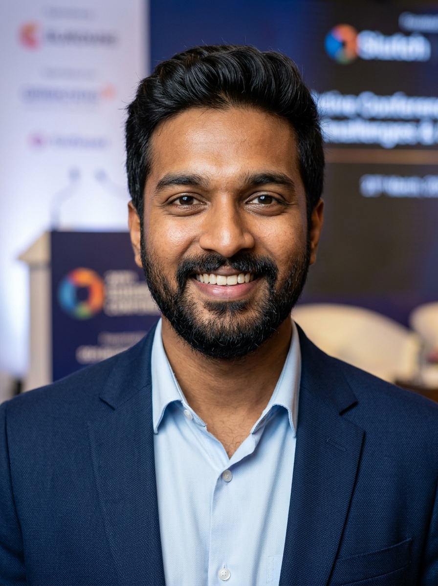 Professional AI LinkedIn headshot in Navy blazer with light blue shirt on Public Speaking Stage