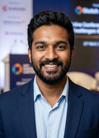 Professional AI LinkedIn headshot in Navy blazer with light blue shirt on Public Speaking Stage