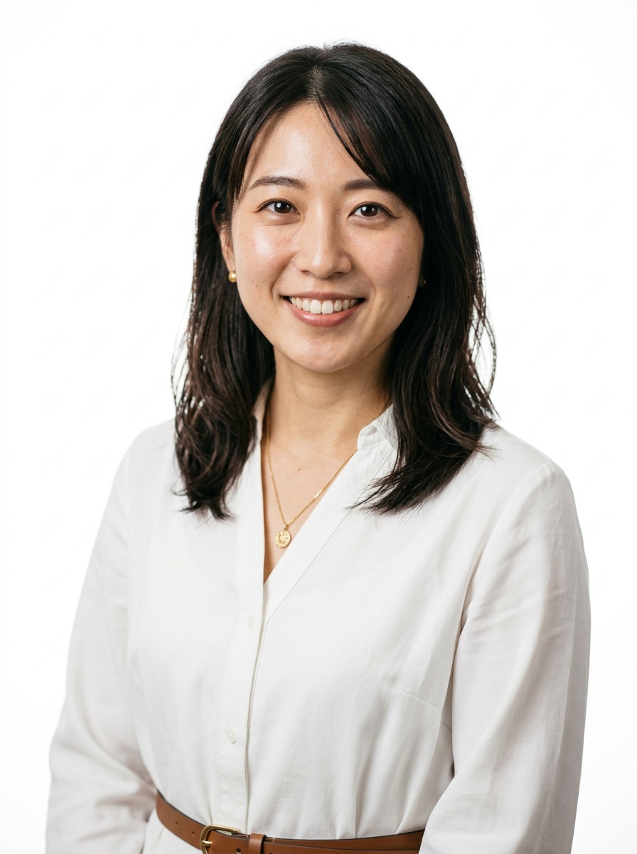 Professional AI LinkedIn headshot in White shirt dress with brown belt on White / Pure White Studio