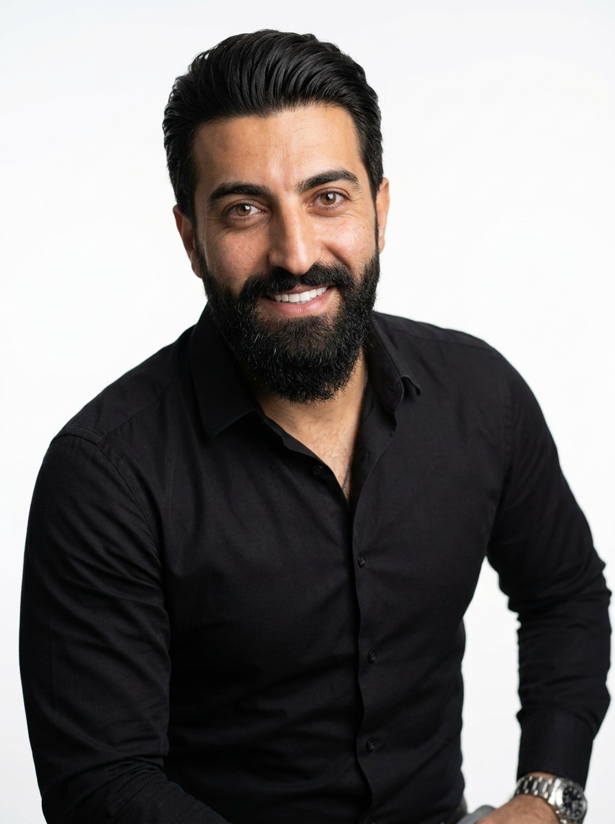Professional AI LinkedIn headshot in Black long-sleeve button-up on White / Pure White Studio