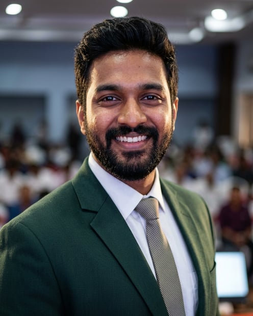 Public Speaking Stage · Dark green blazer outfit headshot example