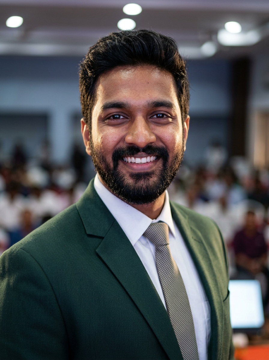 Professional AI LinkedIn headshot in Dark green blazer outfit on Public Speaking Stage