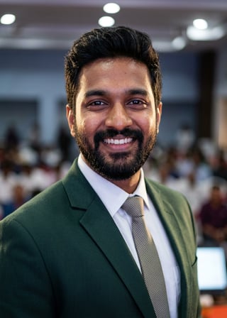 Professional AI LinkedIn headshot in Dark green blazer outfit on Public Speaking Stage