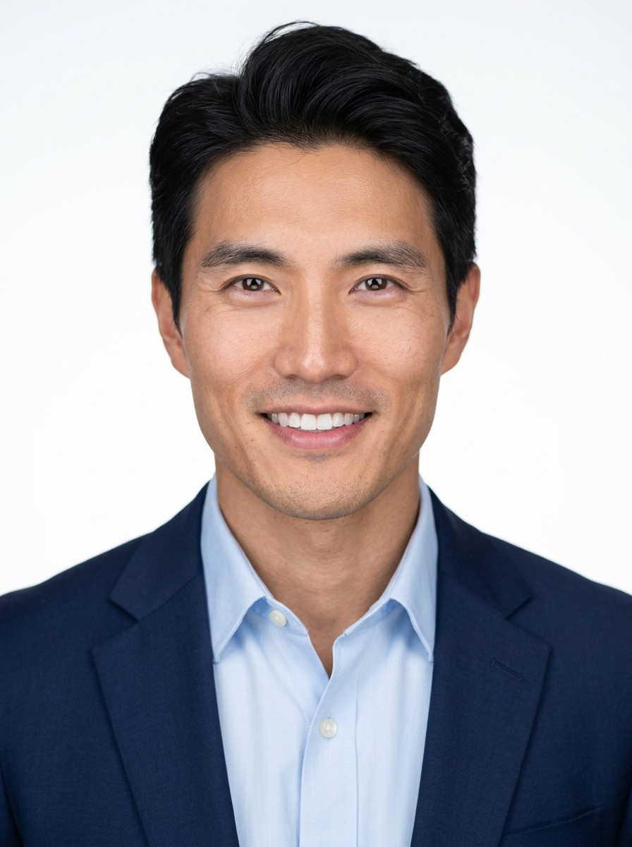 Professional AI LinkedIn headshot in Navy blazer with light blue shirt on White / Pure White Studio