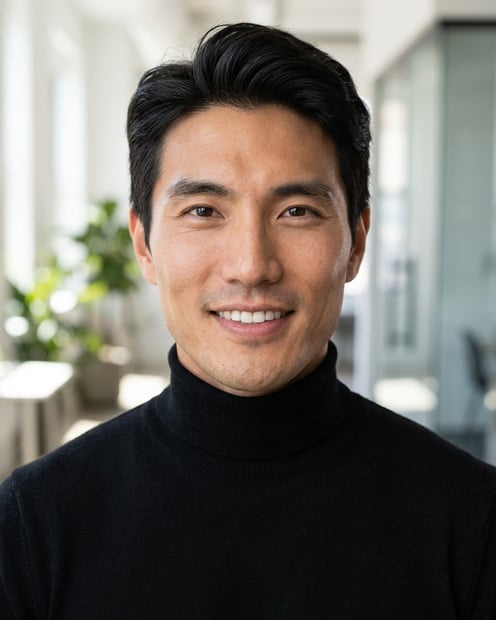 Office / Modern Office Workspace · Fitted black turtleneck headshot example