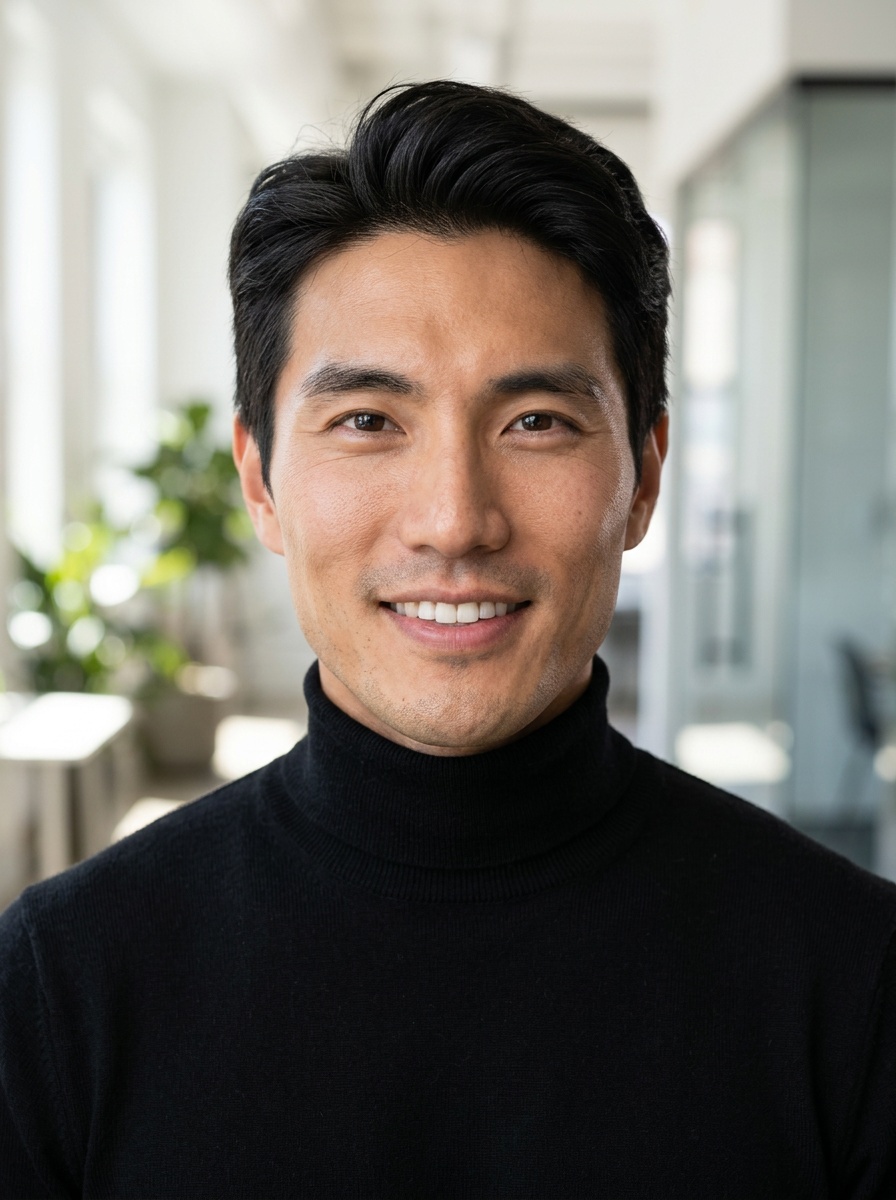 Professional AI LinkedIn headshot in Fitted black turtleneck on Office / Modern Office Workspace