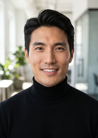 Professional AI LinkedIn headshot in Fitted black turtleneck on Office / Modern Office Workspace