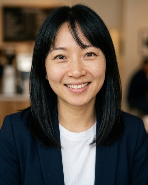 Cafe · Open navy blazer over simple white tee headshot example