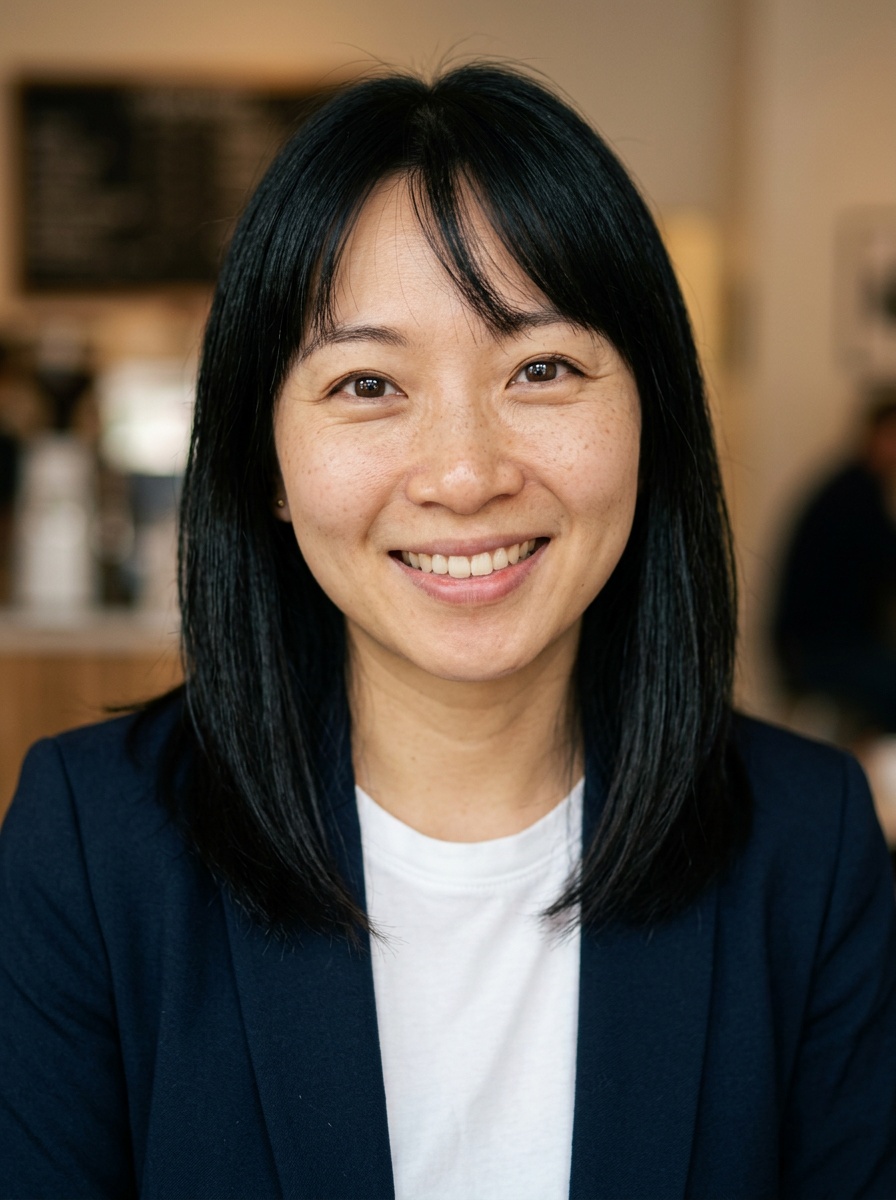 Professional AI LinkedIn headshot in Open navy blazer over simple white tee (tech-casual) on Cafe (warm professional)