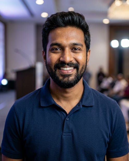 Public Speaking Stage · Navy blue short-sleeve polo headshot example