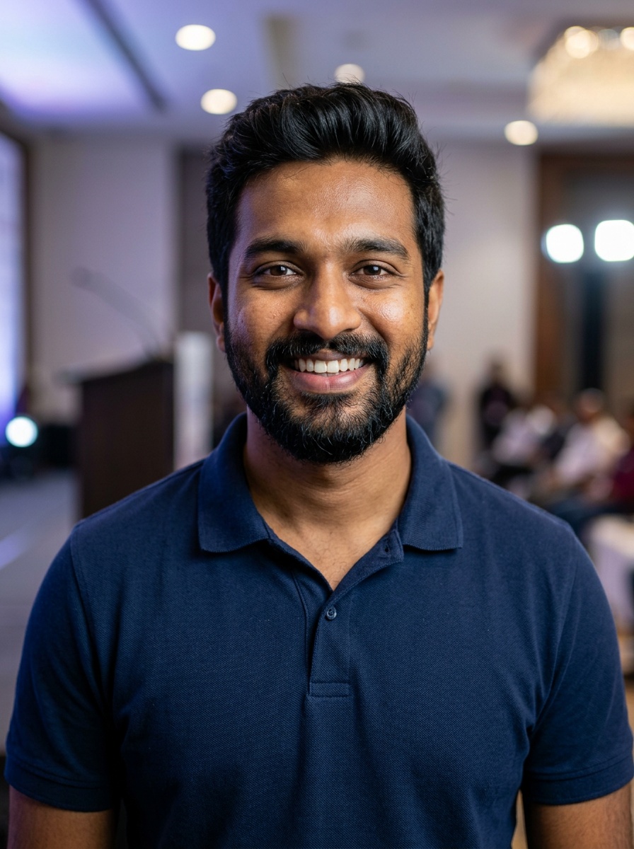 Professional AI LinkedIn headshot in Navy blue short-sleeve polo on Public Speaking Stage
