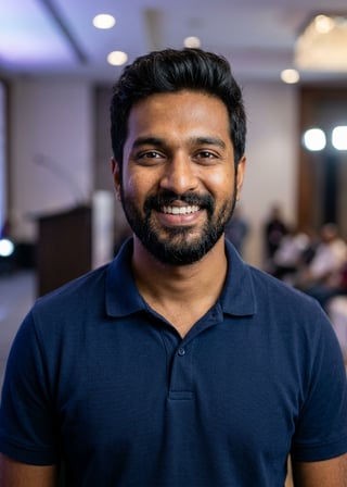 Professional AI LinkedIn headshot in Navy blue short-sleeve polo on Public Speaking Stage