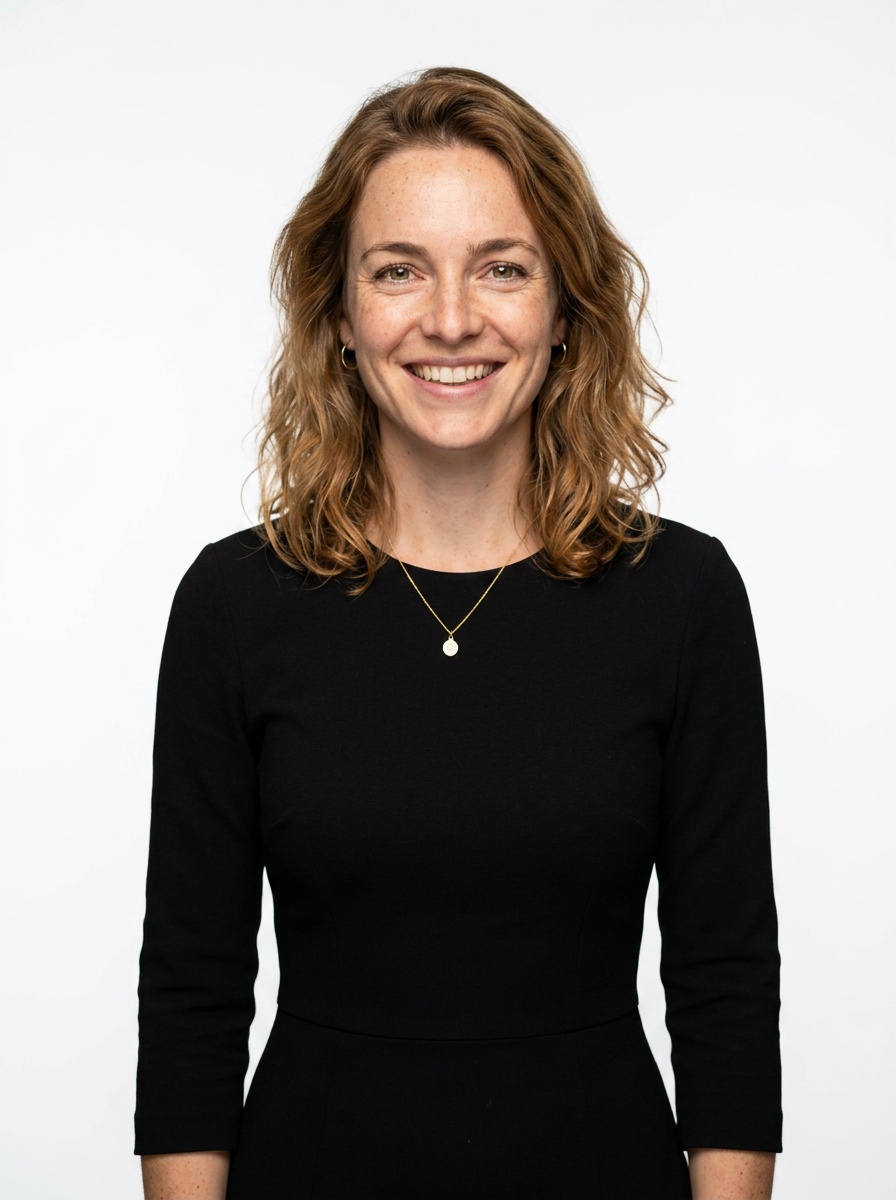 Professional AI LinkedIn headshot in Black midi fitted dress on White / Pure White Studio