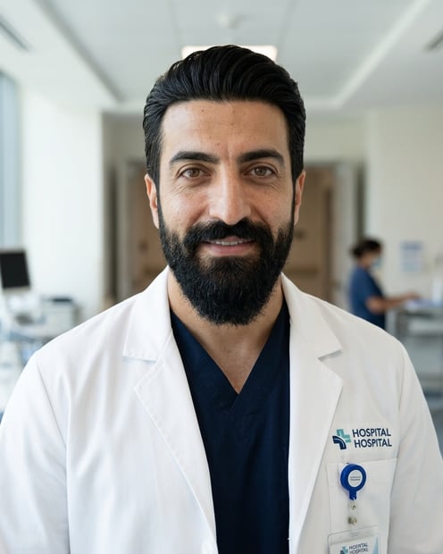 Hospital Corridor · Medicine Scrubs headshot example