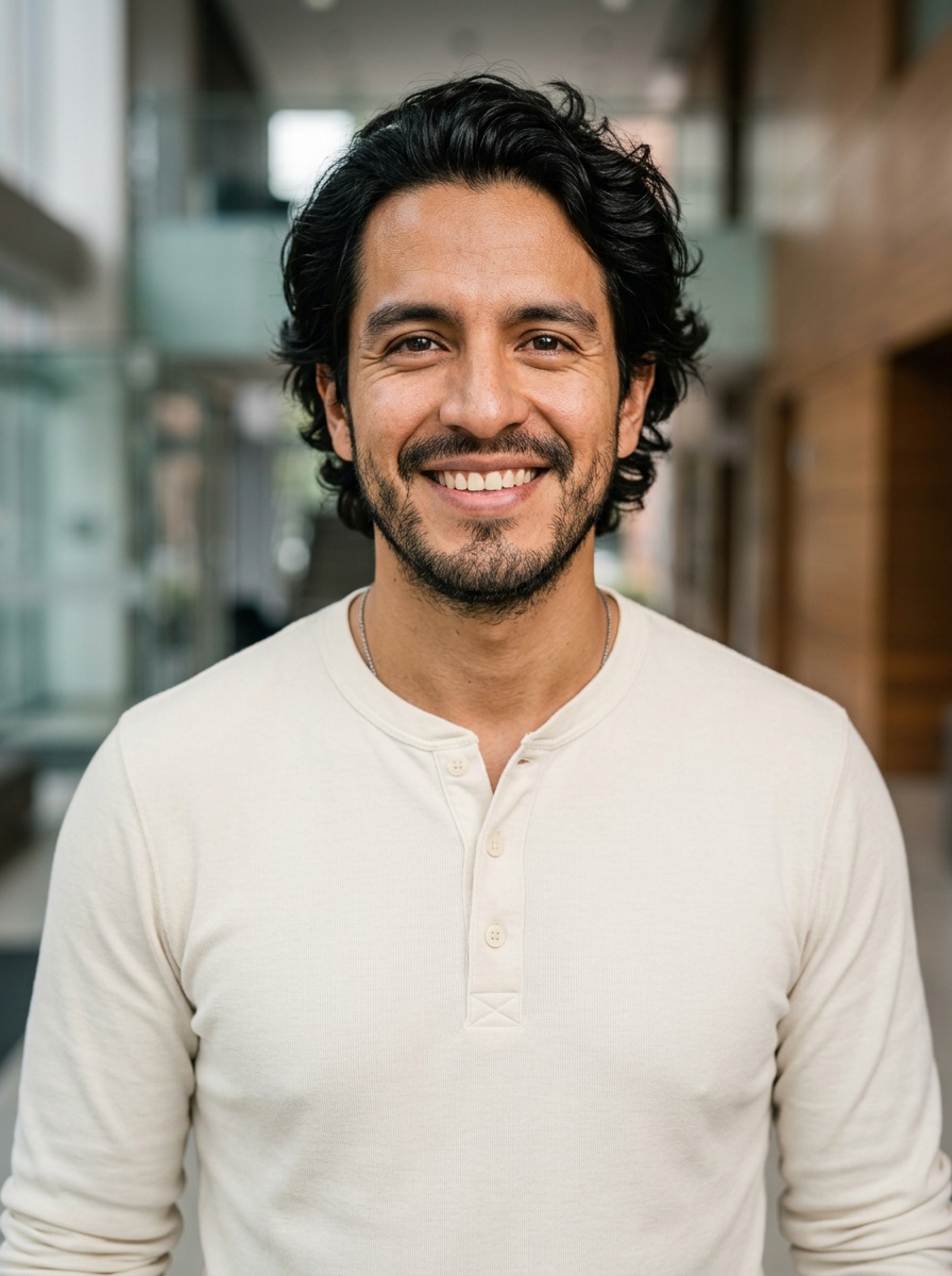 Professional AI LinkedIn headshot in Cream long-sleeve henley on Lobby (corporate lobby)