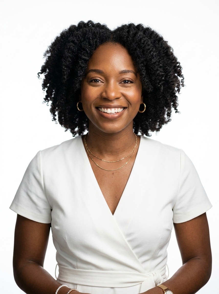 Professional AI LinkedIn headshot in White wrap dress on White / Pure White Studio