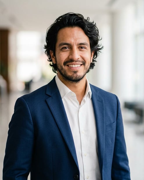 Lobby · Navy tailored suit headshot example