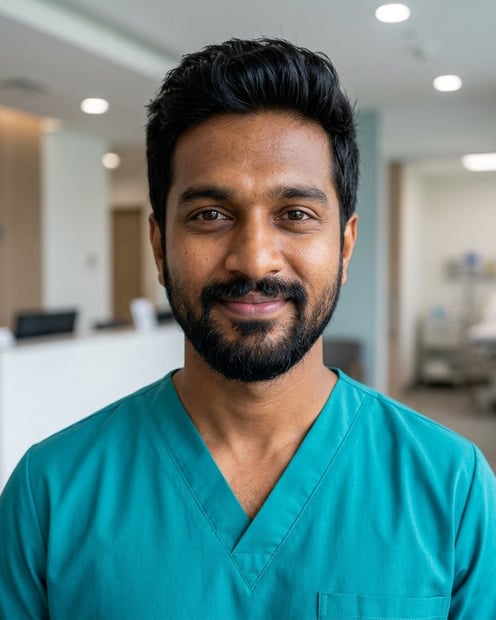Blue Clinic · Coat & Scrubs headshot example